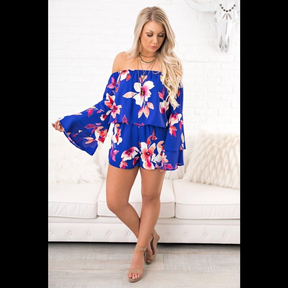 Peach Love Royal Blue with floral Romper - size large